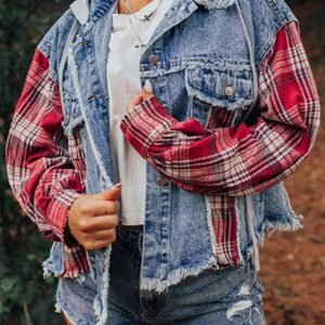 Beau Blue Plaid Print Patchwork Hooded Raw Hem Denim Jacket