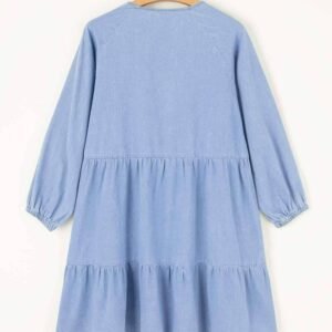 Beau Blue Puff Sleeve V Neck Tiered Ruffled Chambray Mini Dress