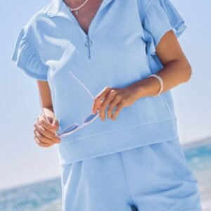 Beau Blue Ribbed Texture Half Zip Ruffled Short Sleeve Top And Shorts Set