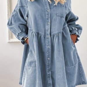 Beau Blue Smocked Cuffs Flared Denim Shirt Mini Dress
