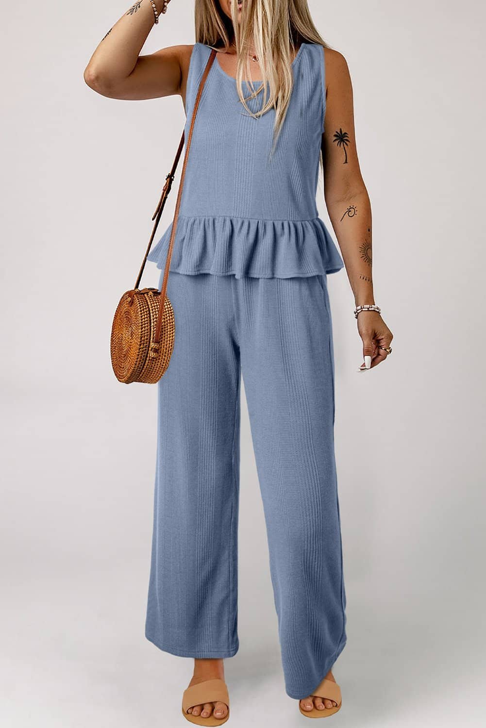 Beau Blue Solid Color Ribbed Ruffle Tank Top And Pants Set