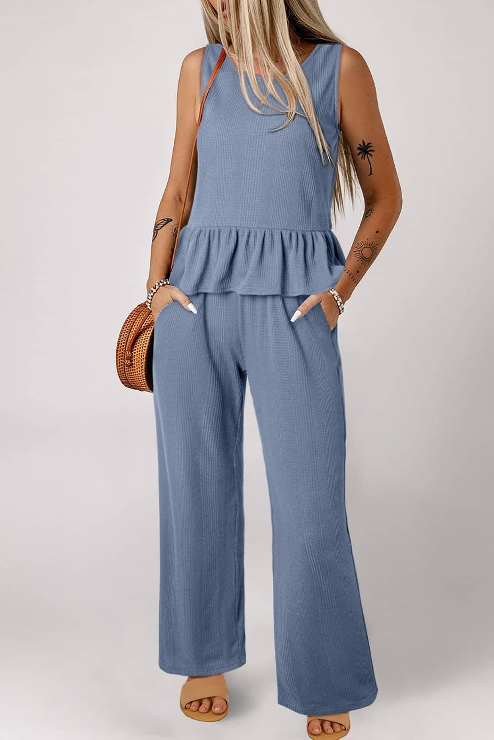 Beau Blue Solid Color Ribbed Ruffle Tank Top And Pants Set
