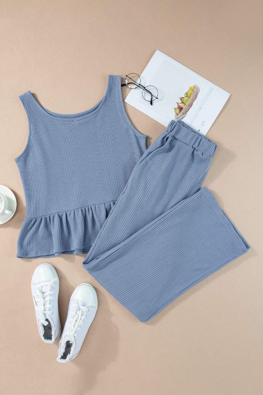 Beau Blue Solid Color Ribbed Ruffle Tank Top And Pants Set