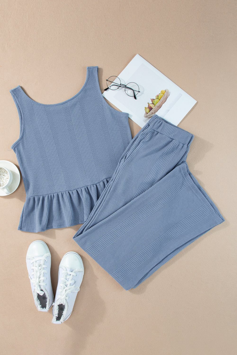 Beau Blue Solid Color Ribbed Ruffle Tank Top And Pants Set
