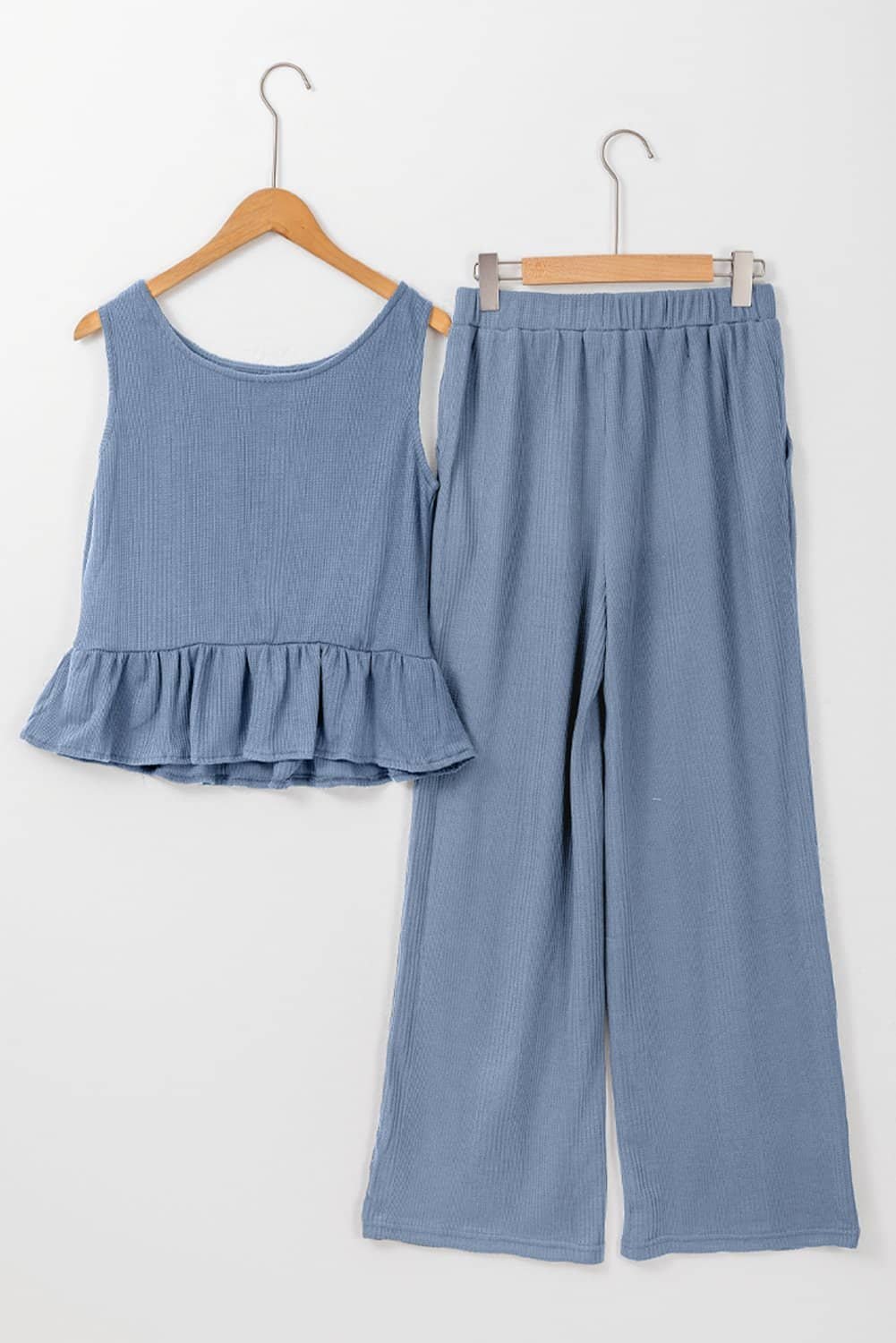 Beau Blue Solid Color Ribbed Ruffle Tank Top And Pants Set