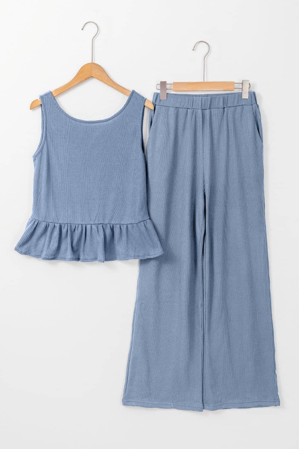 Beau Blue Solid Color Ribbed Ruffle Tank Top And Pants Set