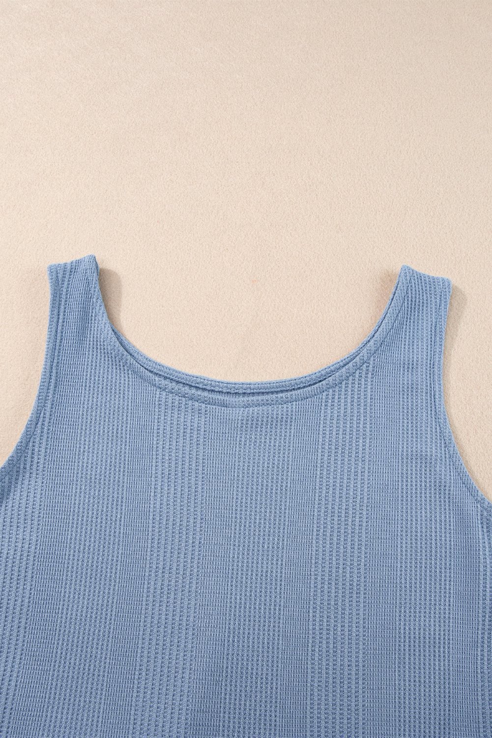 Beau Blue Solid Color Ribbed Ruffle Tank Top And Pants Set