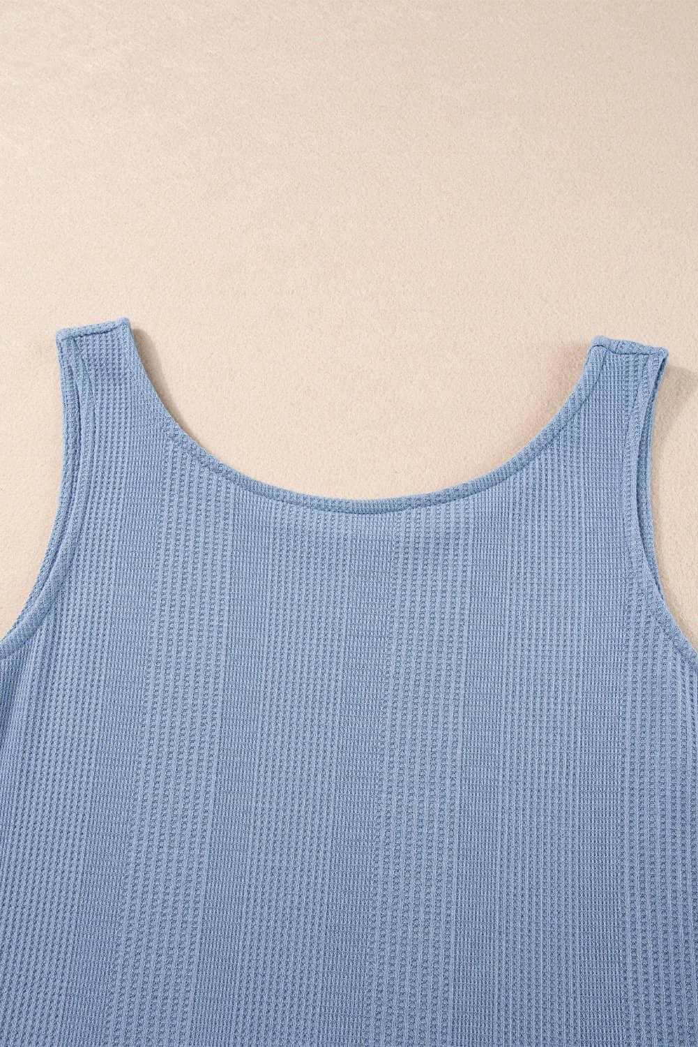 Beau Blue Solid Color Ribbed Ruffle Tank Top And Pants Set