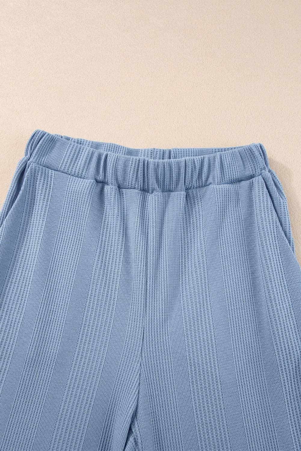 Beau Blue Solid Color Ribbed Ruffle Tank Top And Pants Set