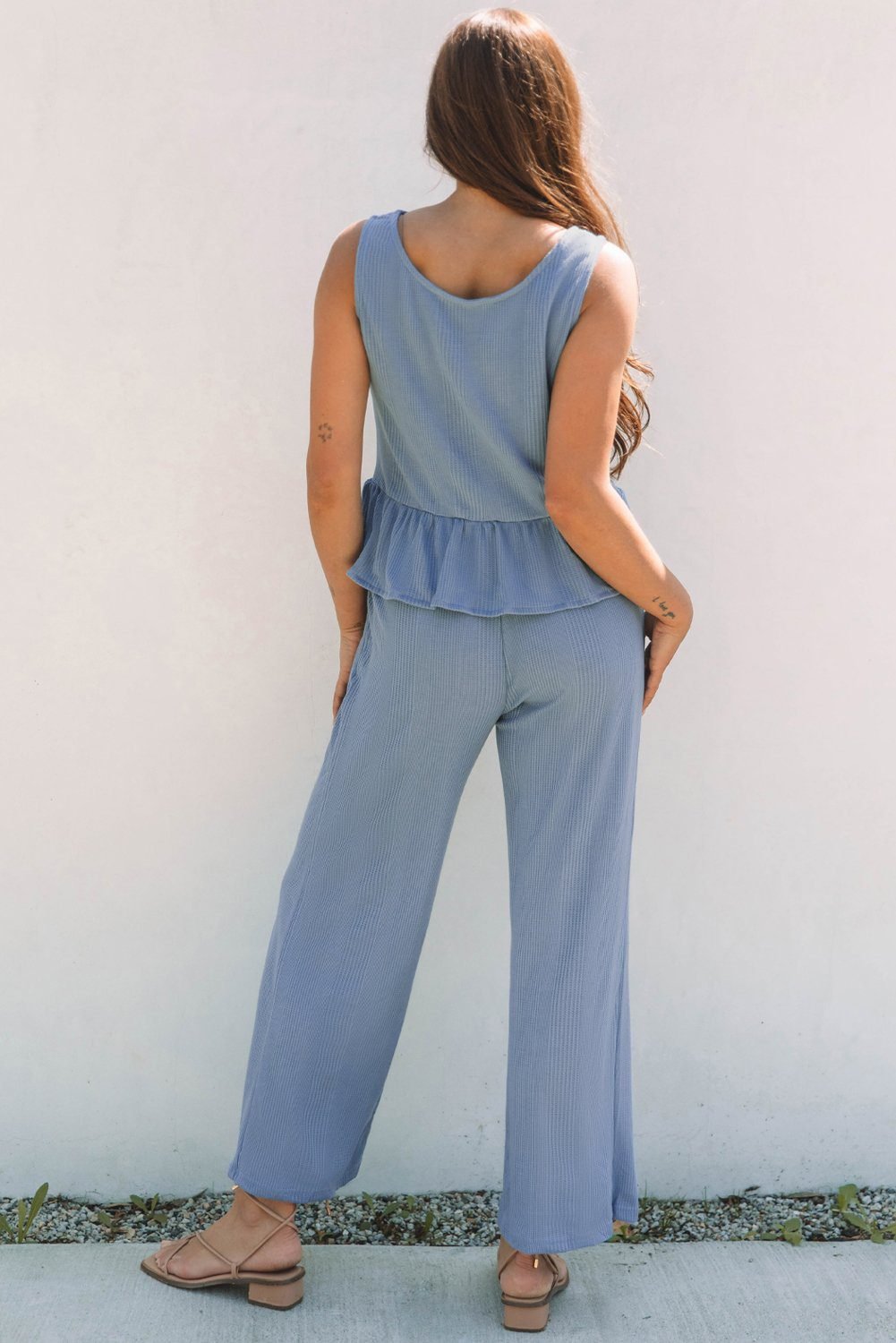 Beau Blue Solid Color Ribbed Ruffle Tank Top And Pants Set