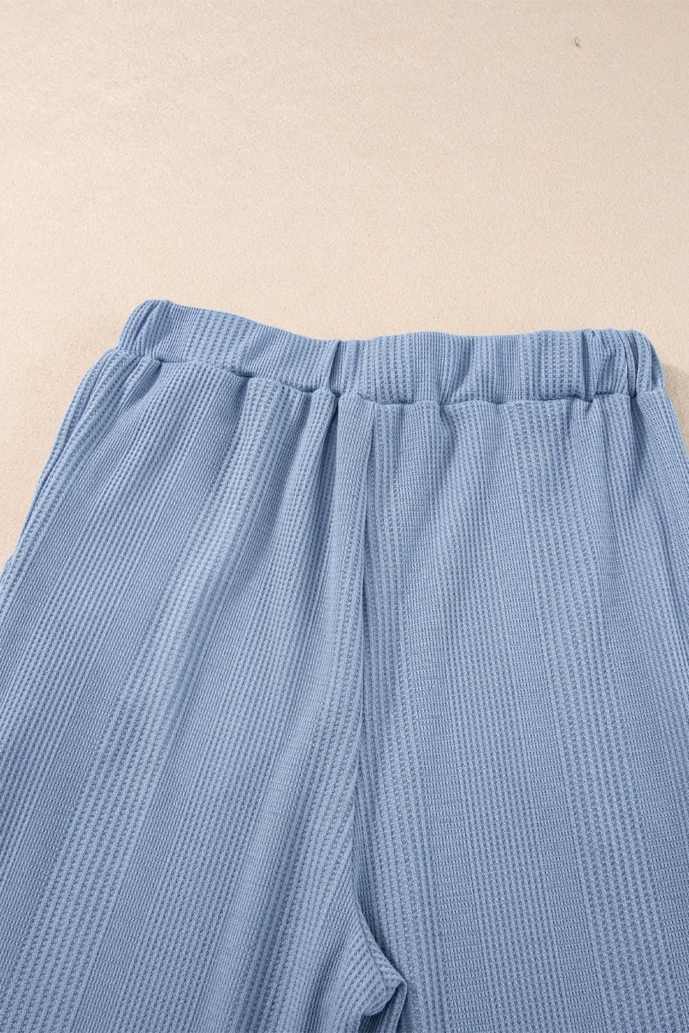 Beau Blue Solid Color Ribbed Ruffle Tank Top And Pants Set