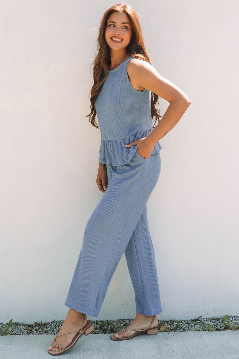 Beau Blue Solid Color Ribbed Ruffle Tank Top And Pants Set