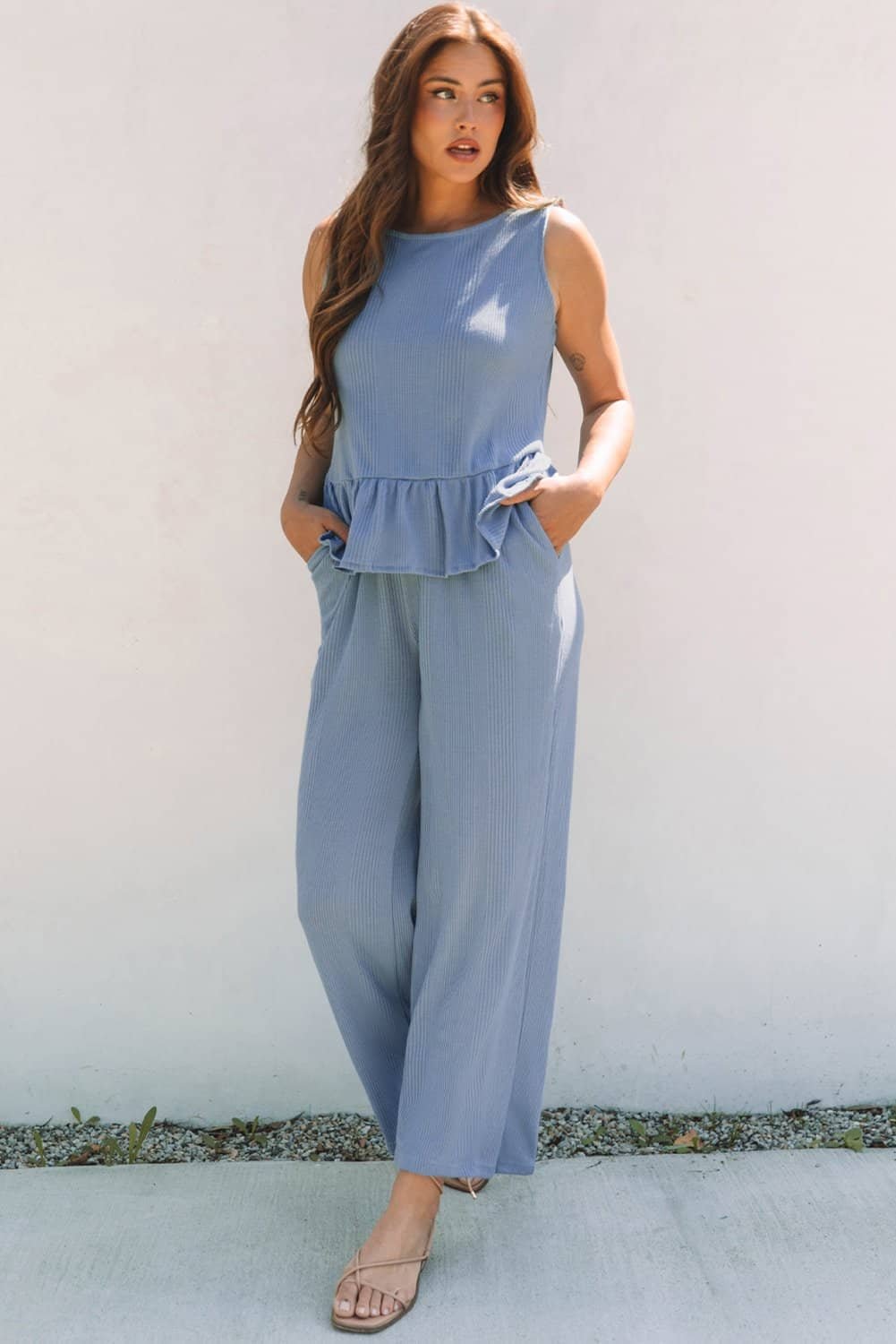 Beau Blue Solid Color Ribbed Ruffle Tank Top And Pants Set