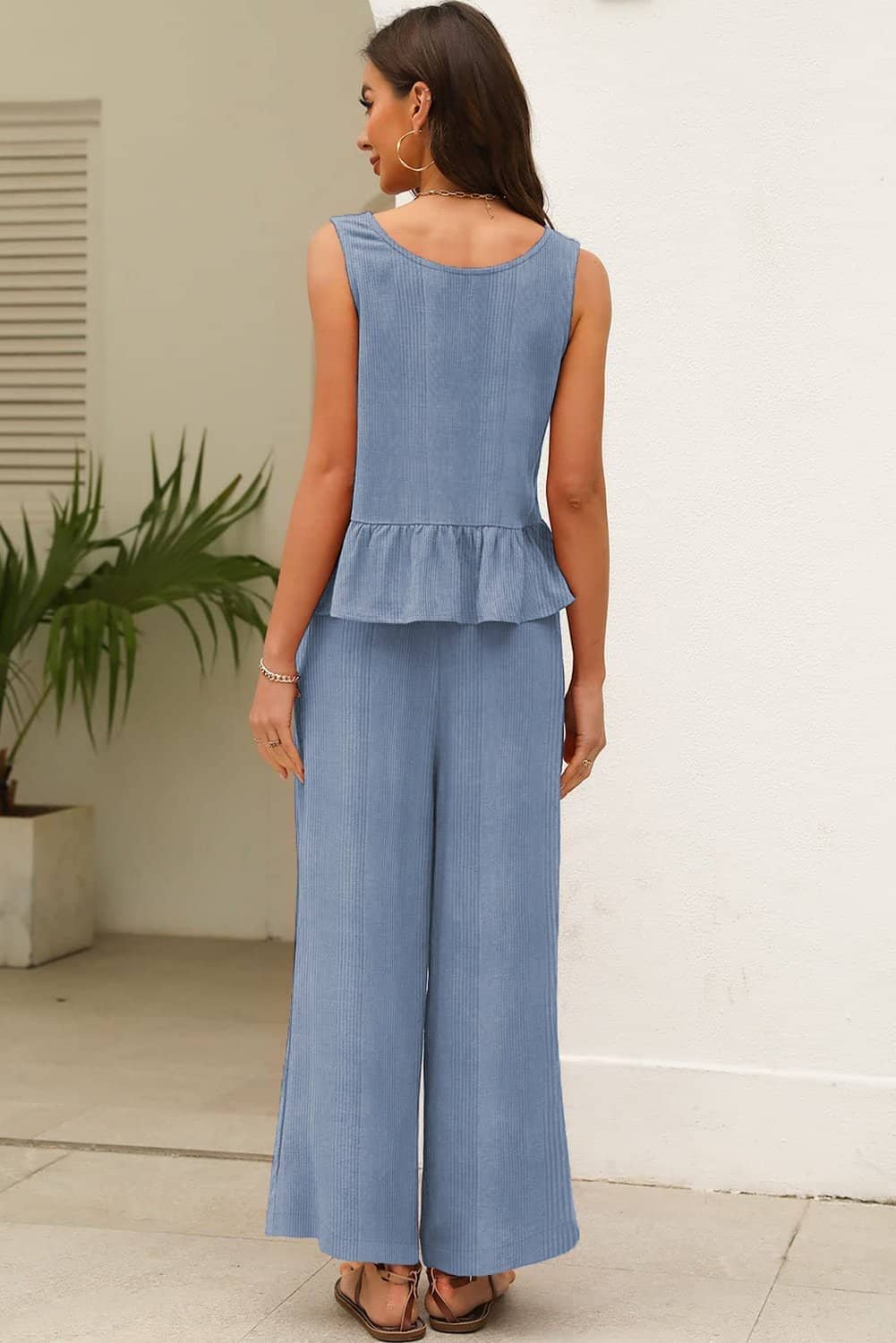 Beau Blue Solid Color Ribbed Ruffle Tank Top And Pants Set