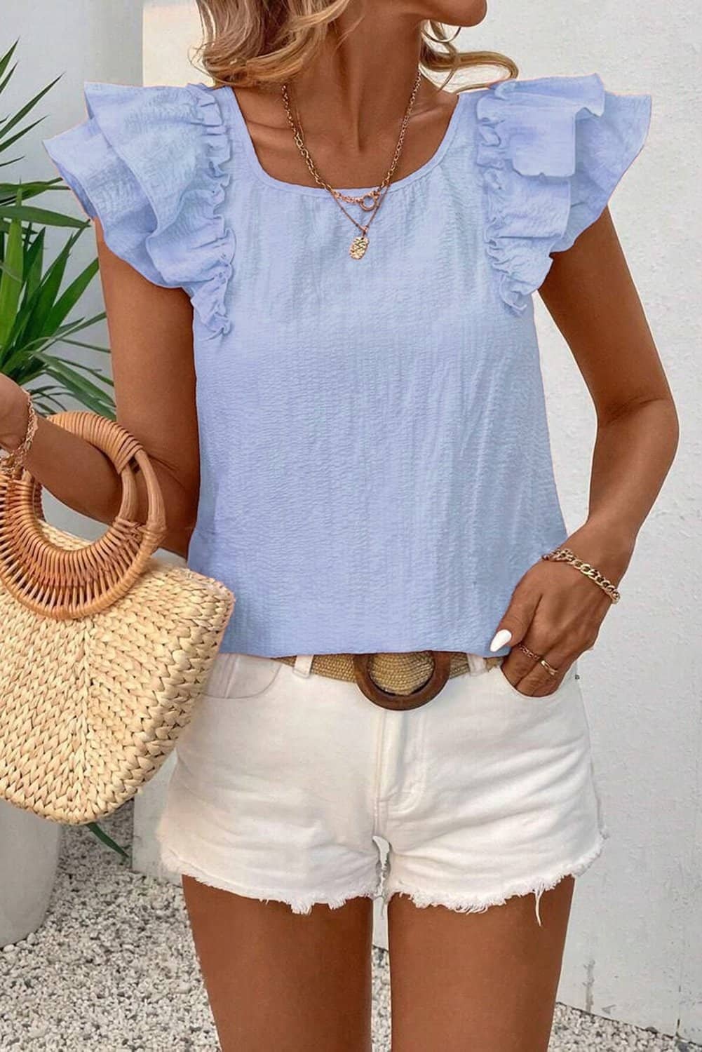 Beau Blue Textured Bow Knot Frilled Butterfly Sleeve Blouse