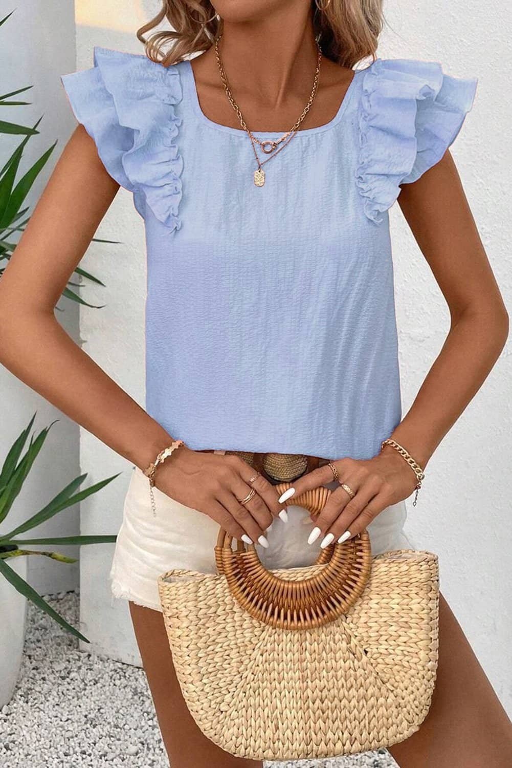 Beau Blue Textured Bow Knot Frilled Butterfly Sleeve Blouse