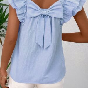 Beau Blue Textured Bow Knot Frilled Butterfly Sleeve Blouse