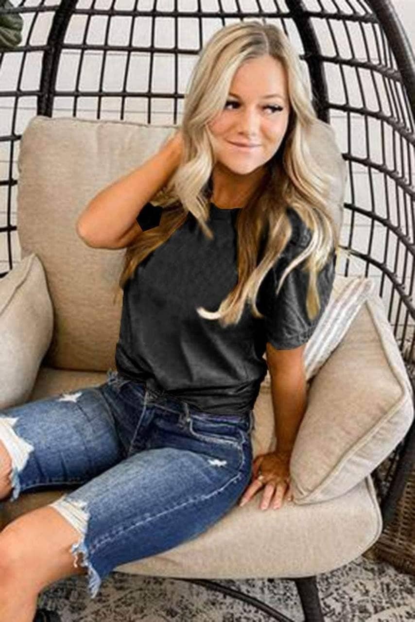 Black Solid Color Crew Neck Tee - Image 3