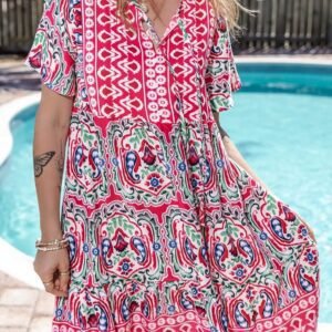 Pink Bohemian Print Tie Neck Ruffle Hem Short Dress