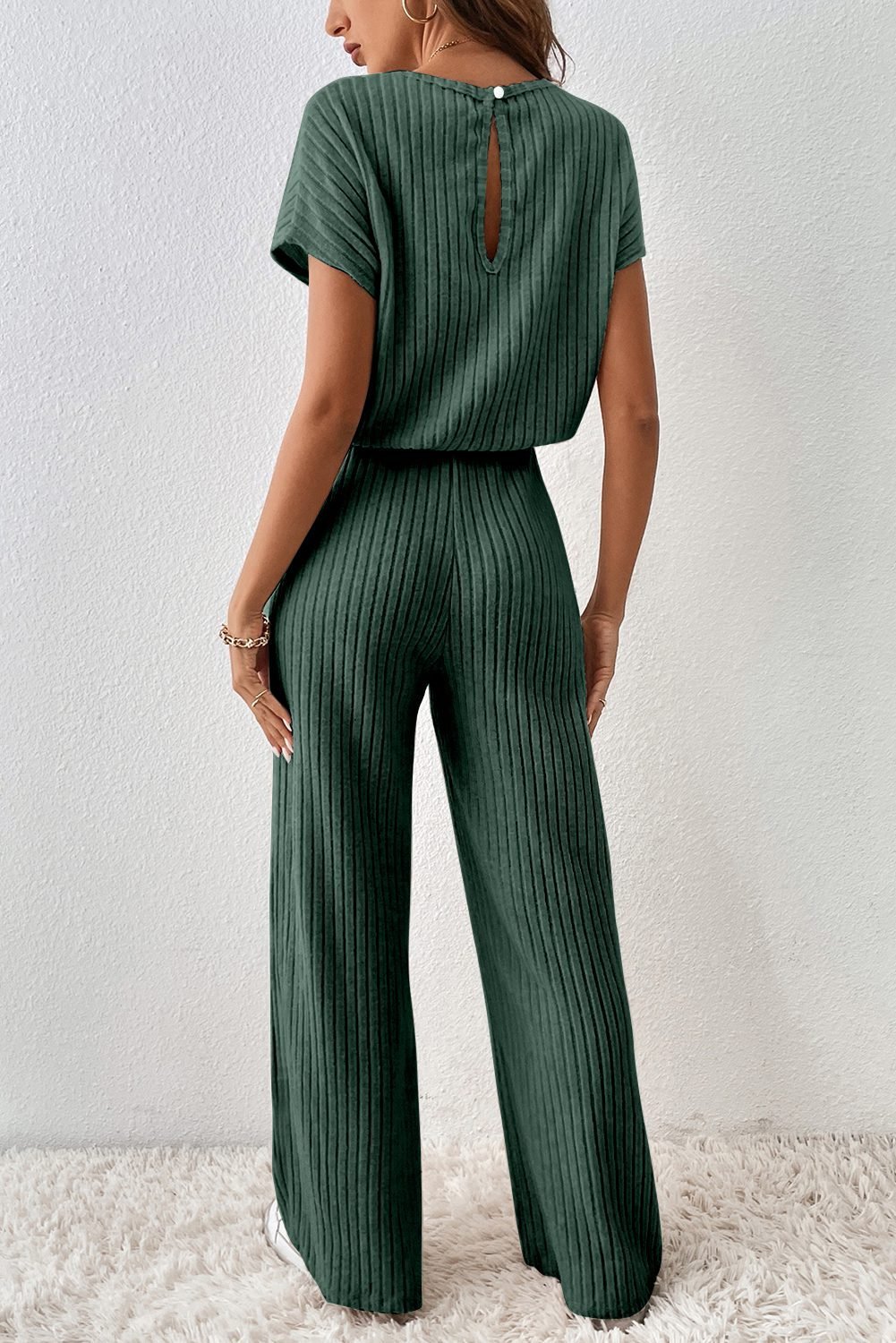Mist Green Ribbed Keyhole Short Sleeve Wide Leg Jumpsuit