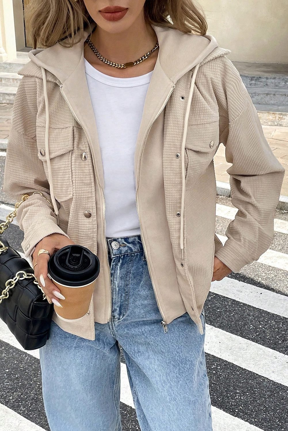 Beige 2 In 1 Thermal Knit Textured Hooded Jacket