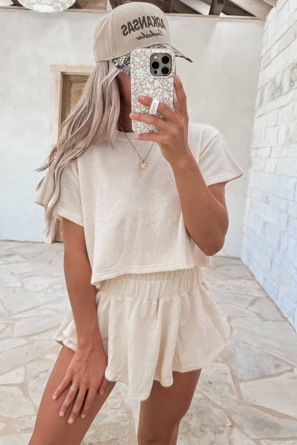 Beige 2Pcs Cropped Tee And Ruffle High Waist Skort Set