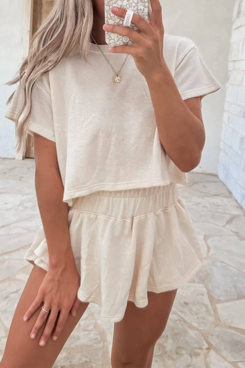 Beige 2Pcs Cropped Tee And Ruffle High Waist Skort Set