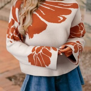 Beige Bold Flower Pattern Wide Sleeve Baggy Sweater