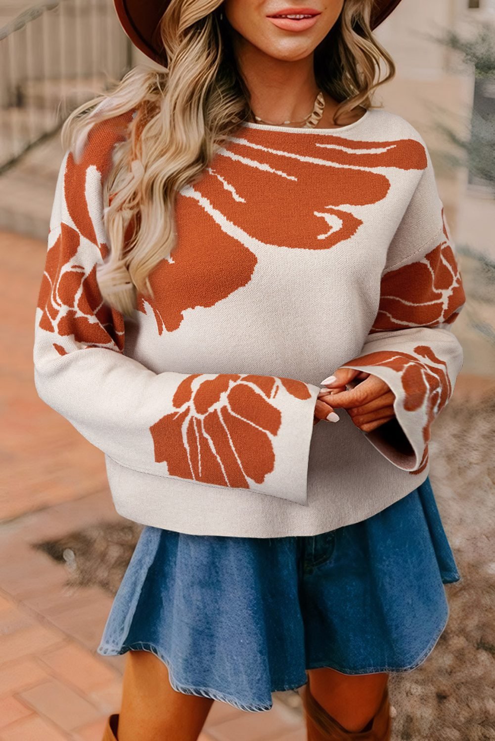 Beige Bold Flower Pattern Wide Sleeve Baggy Sweater