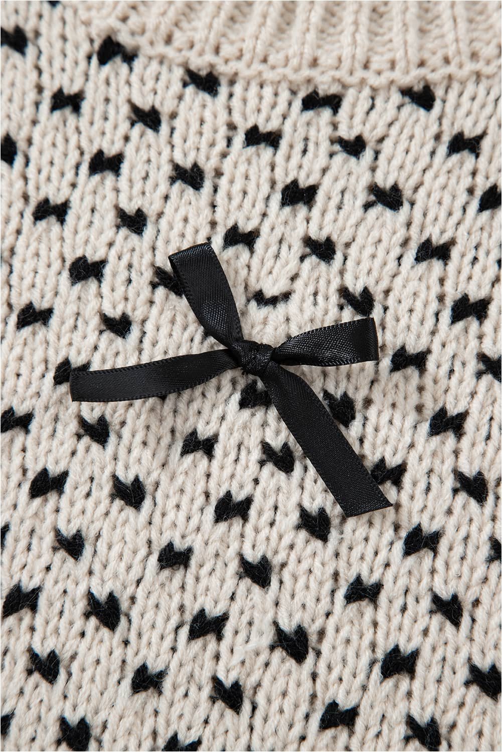 Beige Bow Decor Color Contrast Ribbed Edge Crew Neck Sweater