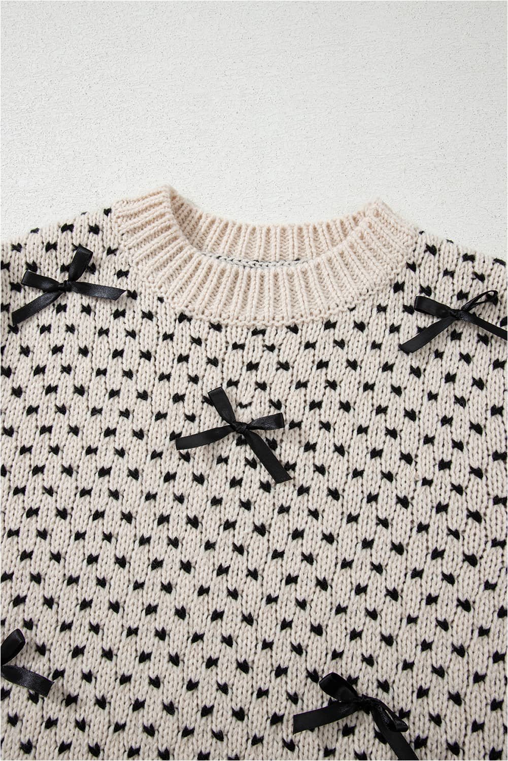 Beige Bow Decor Color Contrast Ribbed Edge Crew Neck Sweater