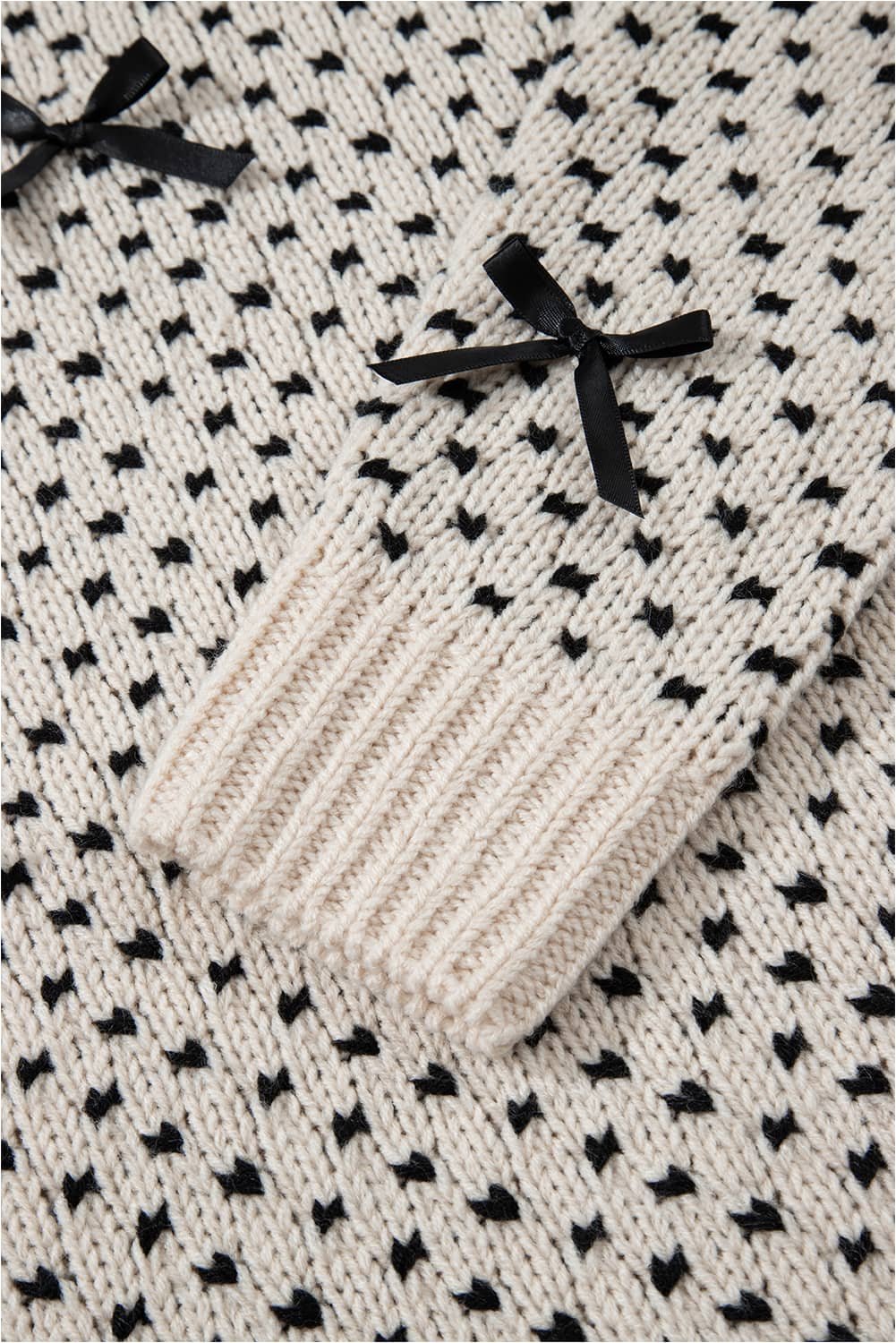 Beige Bow Decor Color Contrast Ribbed Edge Crew Neck Sweater