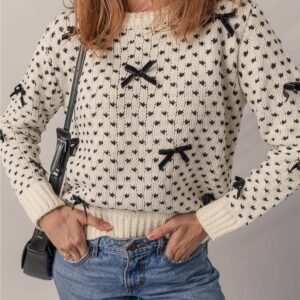 Beige Bow Decor Color Contrast Ribbed Edge Crew Neck Sweater