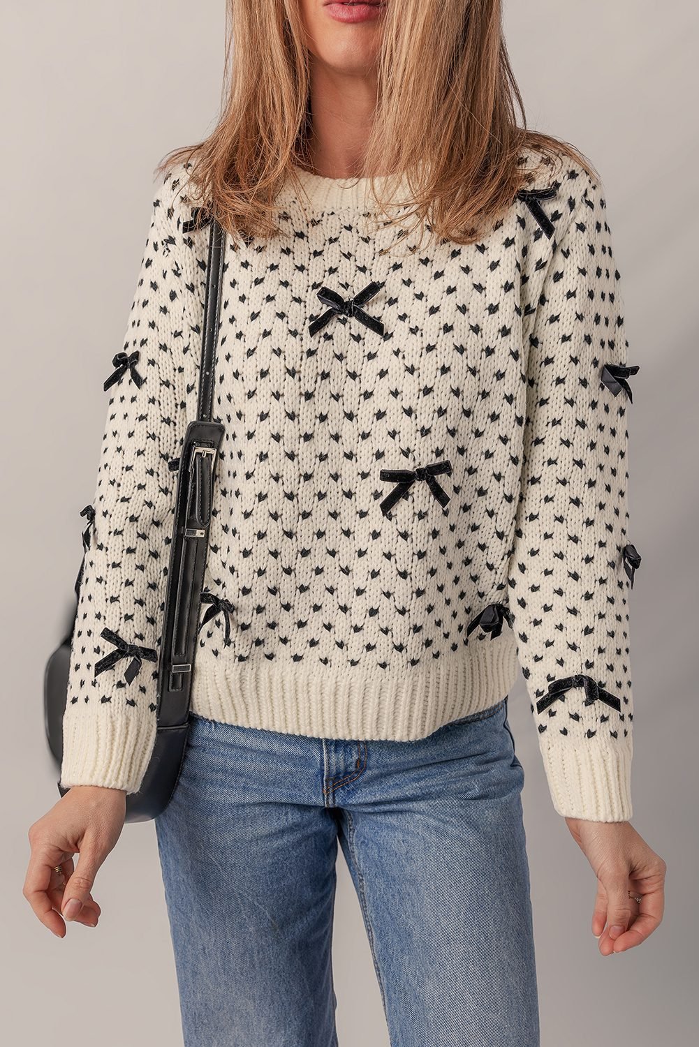 Beige Bow Decor Color Contrast Ribbed Edge Crew Neck Sweater