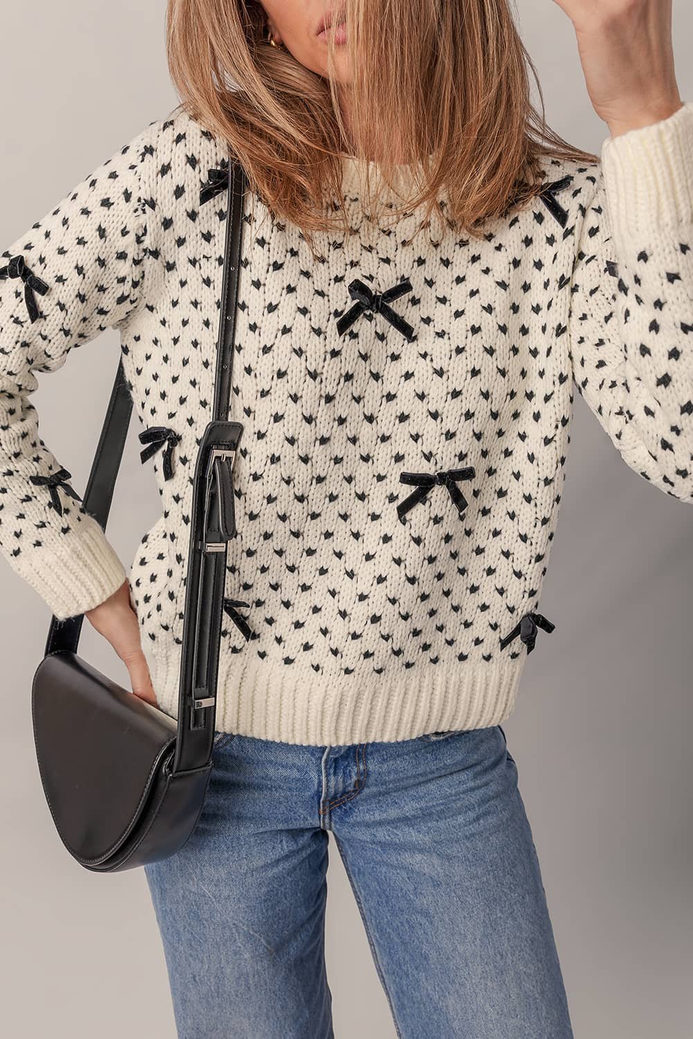 Beige Bow Decor Color Contrast Ribbed Edge Crew Neck Sweater