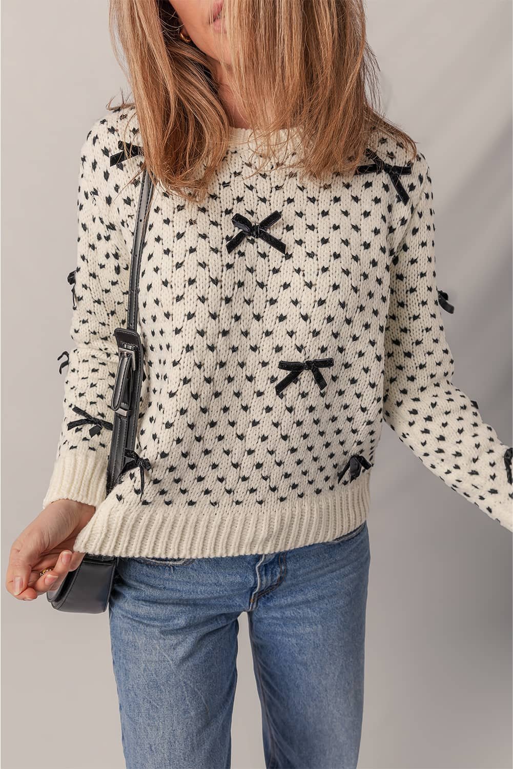 Beige Bow Decor Color Contrast Ribbed Edge Crew Neck Sweater