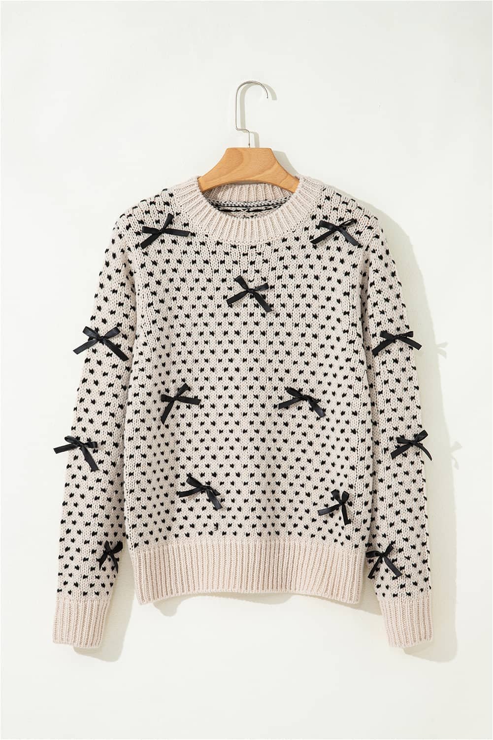 Beige Bow Decor Color Contrast Ribbed Edge Crew Neck Sweater