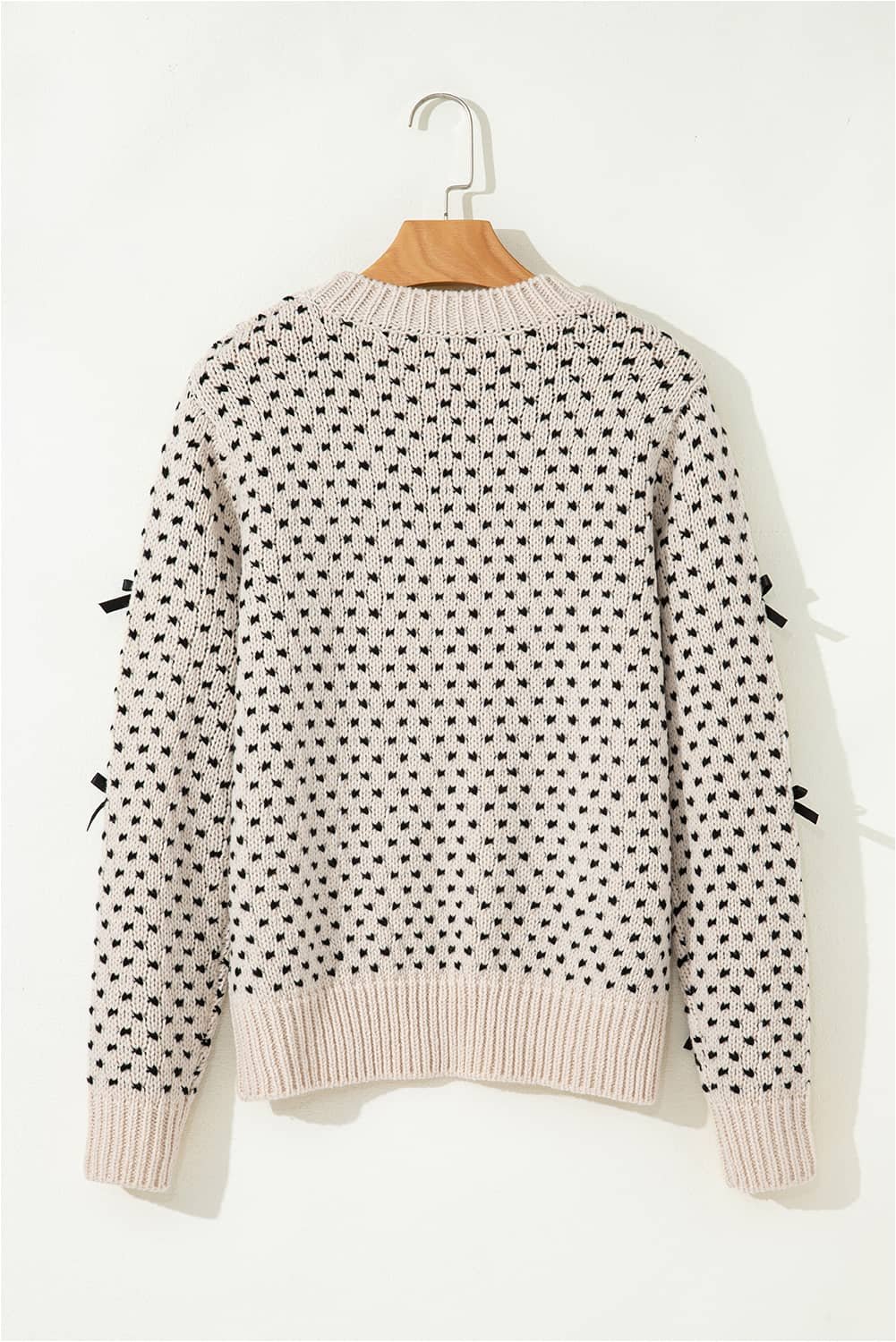 Beige Bow Decor Color Contrast Ribbed Edge Crew Neck Sweater