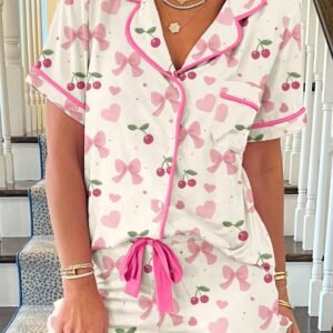 Beige Bow Fruit Print Contrast Pipping Short Pajamas Set