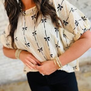 Beige Bow Print Puff Short Sleeve Top