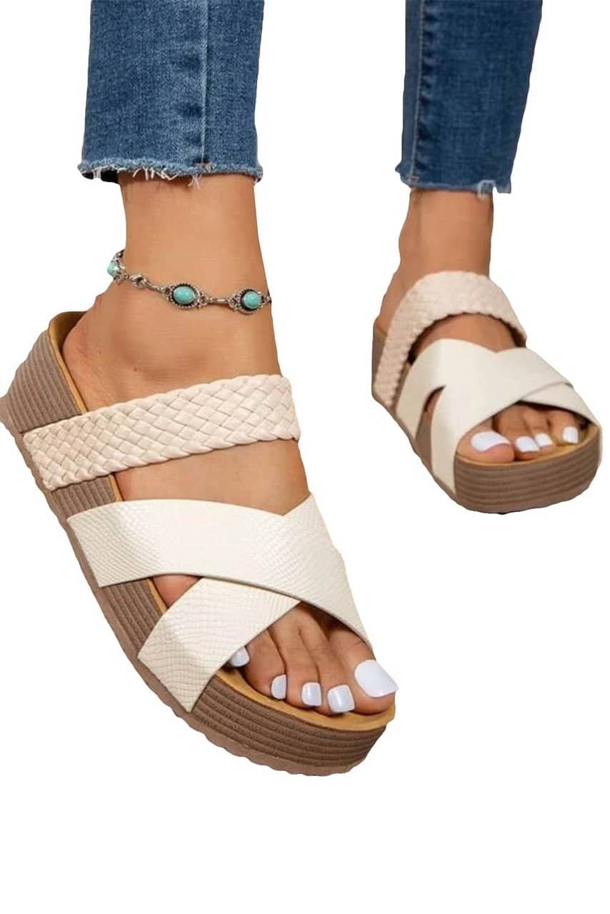Beige Braided Detail Criss Cross Platform Slippers