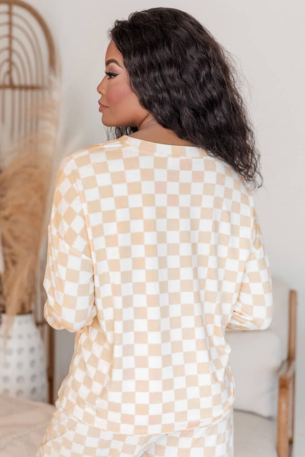 Beige Checkered Print Long Sleeve Top And Pants Lounge Set