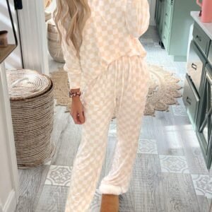 Beige Checkered Print Long Sleeve Top And Pants Lounge Set