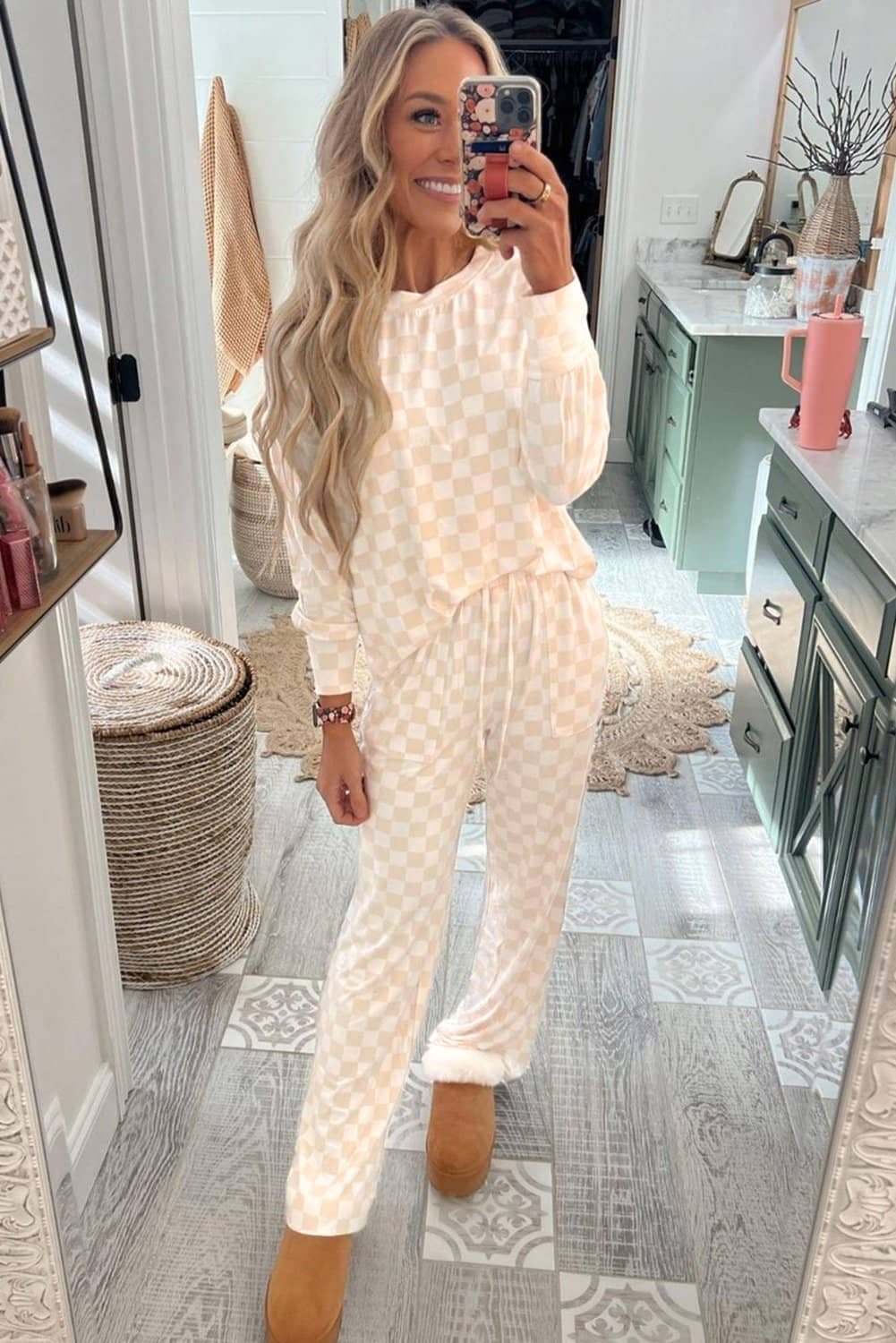 Beige Checkered Print Long Sleeve Top And Pants Lounge Set