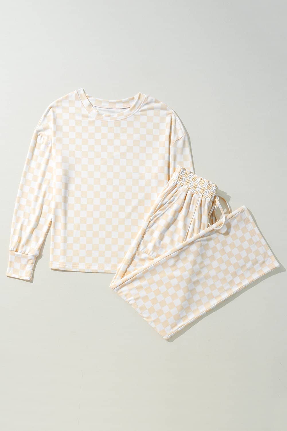 Beige Checkered Print Long Sleeve Top And Pants Lounge Set