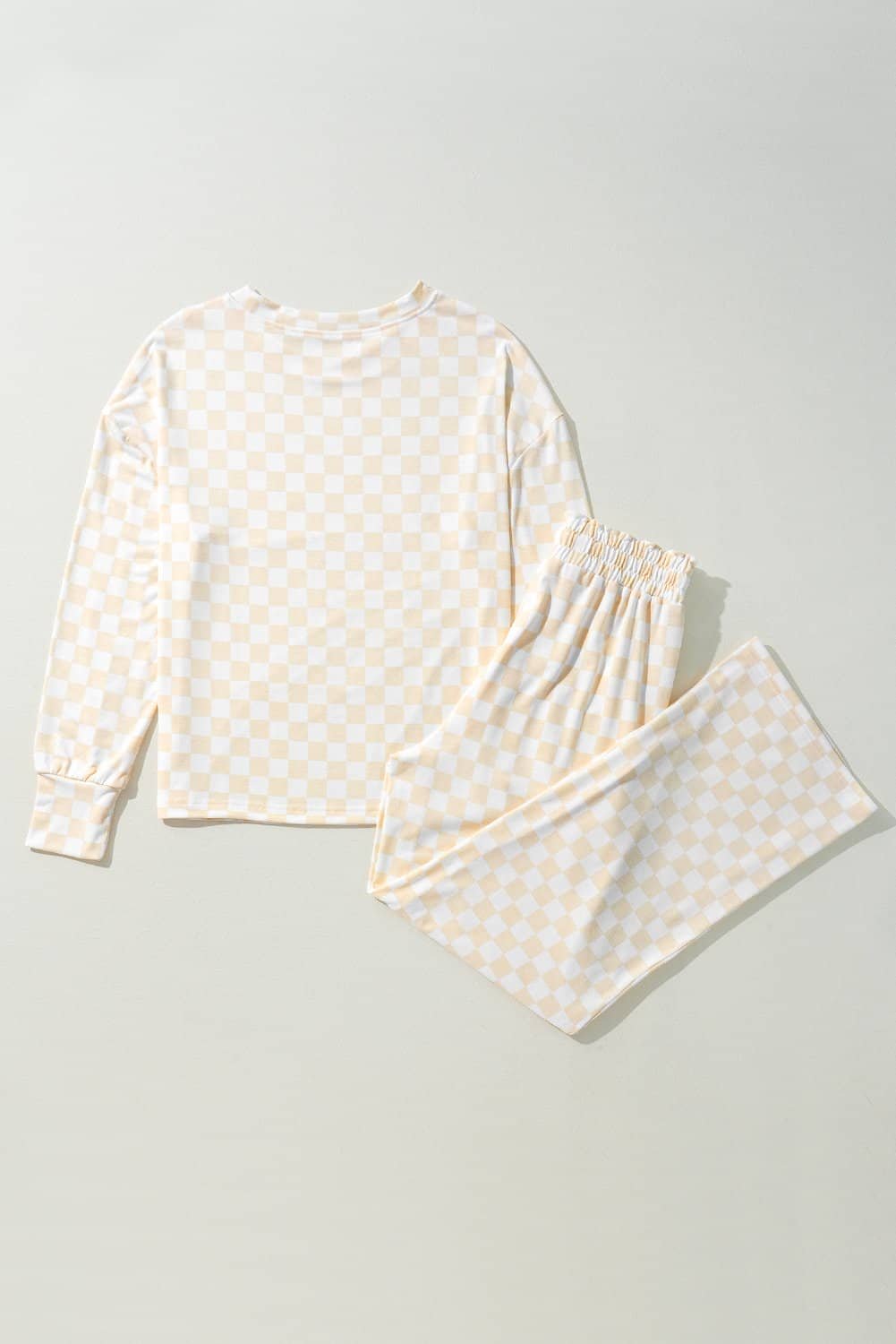 Beige Checkered Print Long Sleeve Top And Pants Lounge Set