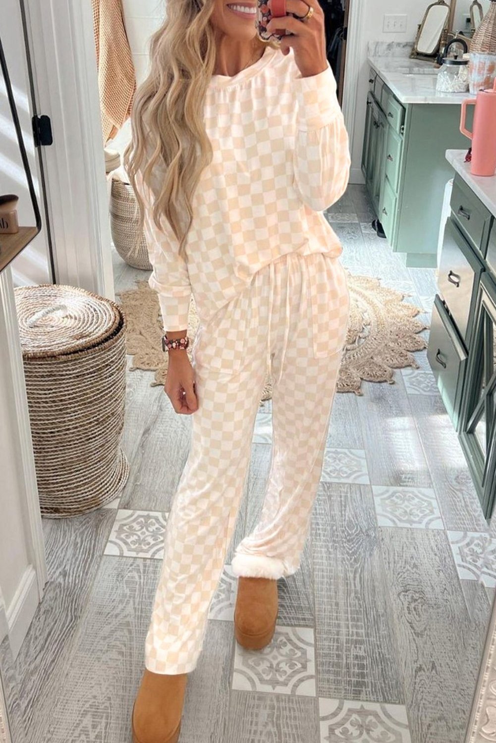 Beige Checkered Print Long Sleeve Top And Pants Lounge Set