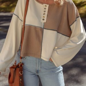 Beige Color Block Waffle Knit Stitch Detail Long Sleeve Top