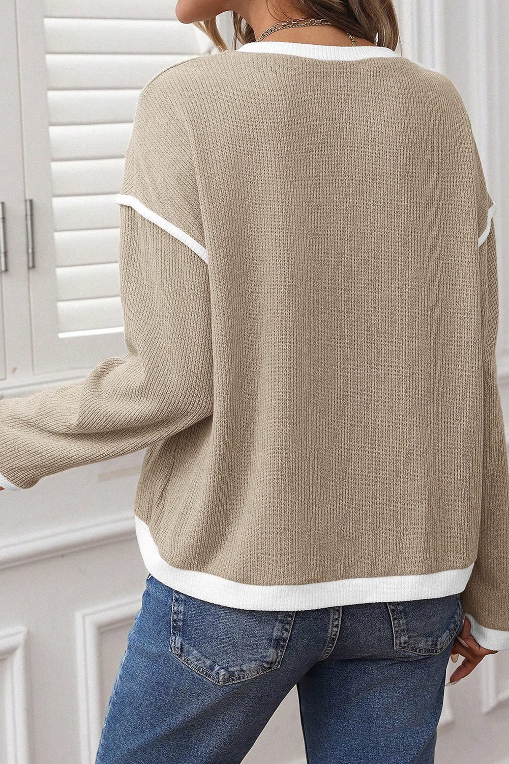 Beige Contrast Color Trim Knit Drop Shoulder Loose Top