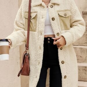 Beige Contrast Flap Pocket Single Breasted Teddy Coat